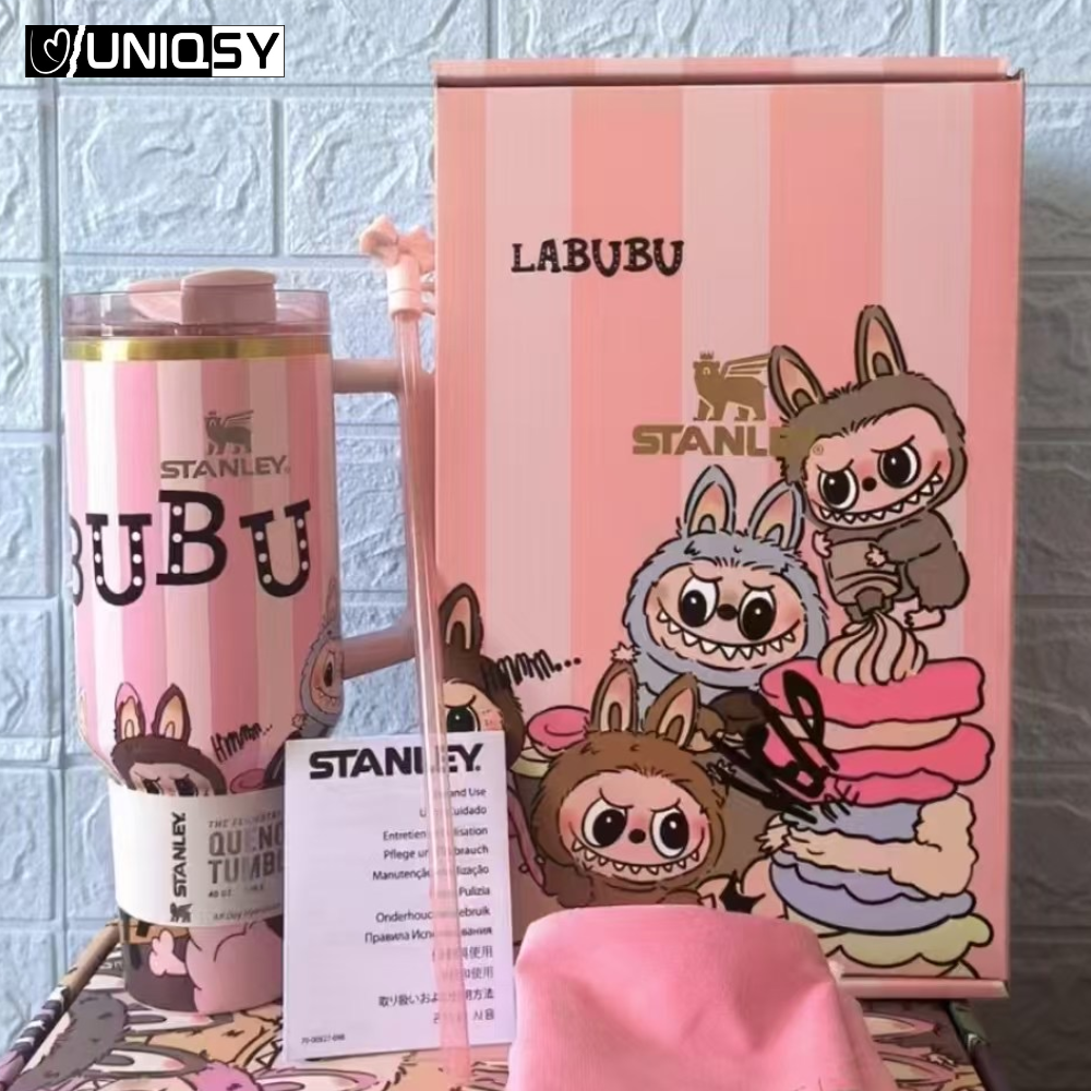 Stanley Labubu Pink 40 OZ Quencher Tumbler with playful pastel design and sturdy handle – limited edition only at Uniqsy