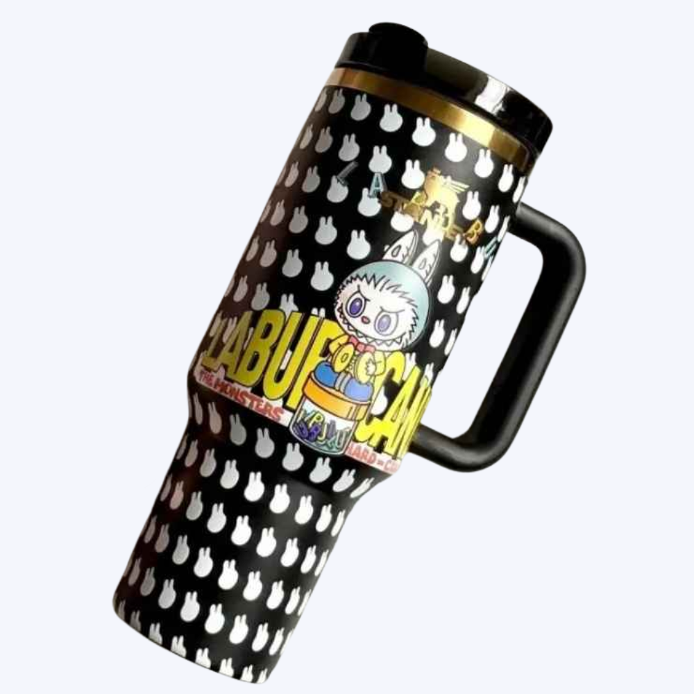 Stanley Labubu Black 40 OZ Tumbler front view with playful Labubu design