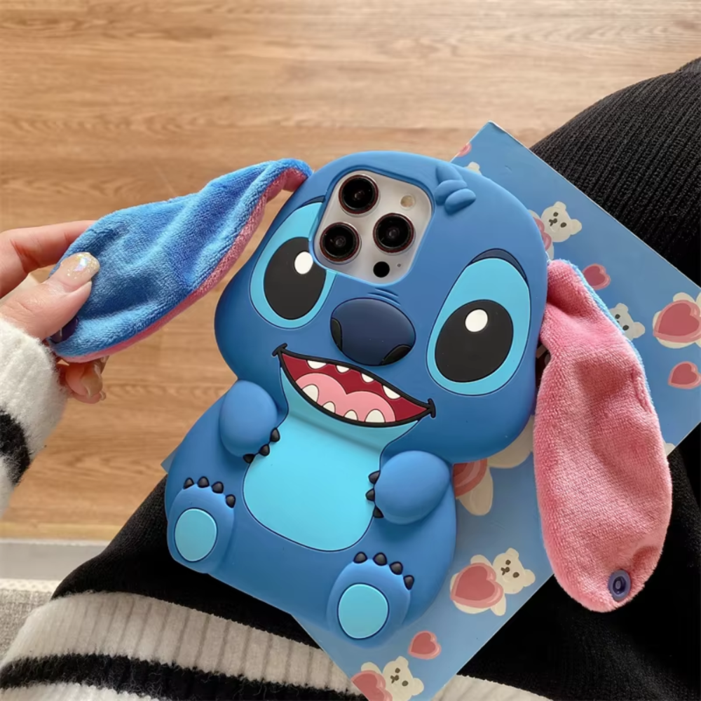 Cute 3D Cartoon Stitch iPhone Case – Soft Plush Ears, Shockproof & Fun Design
