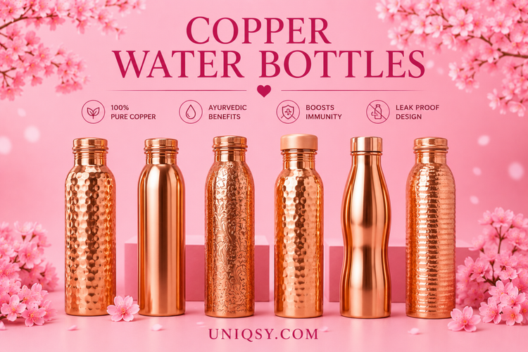 Collection of pure copper water bottles with hammered and smooth finishes, cloth carry pouches, and elegant packaging box on a white background.