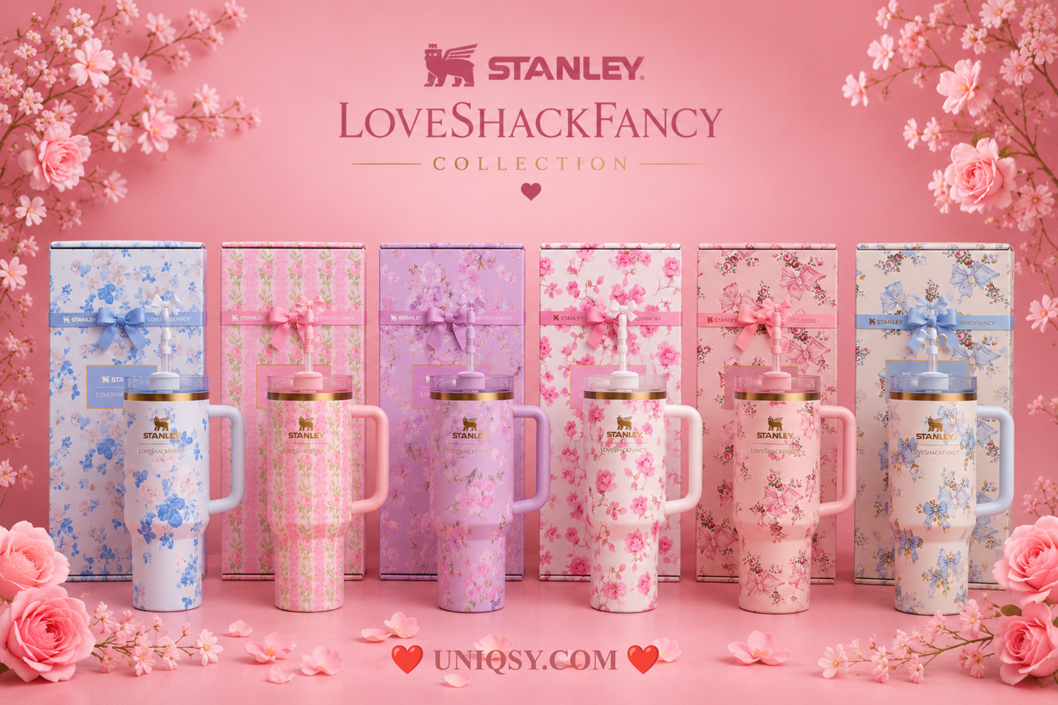 Stylish Stanley tumblers featuring Love Shack Fancy’s chic and feminine designs, perfect for adding elegance to your drinkware collection.