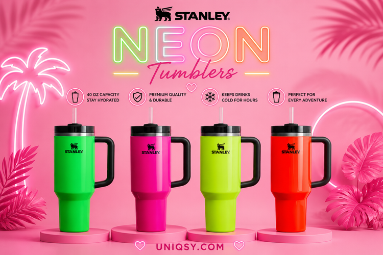 Vibrant Stanley Tumblers from the Neon collection, designed with bright, eye-catching colors and durable construction for everyday use.