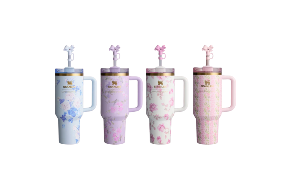 Stylish Stanley tumblers featuring Love Shack Fancy’s chic and feminine designs, perfect for adding elegance to your drinkware collection.