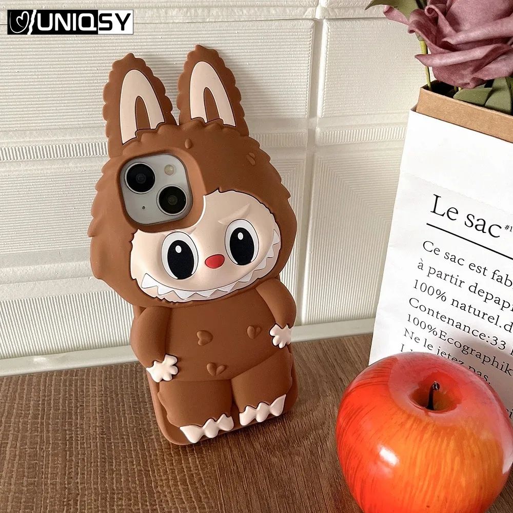 Trendy brown Labubu 3D iPhone case – soft and durable