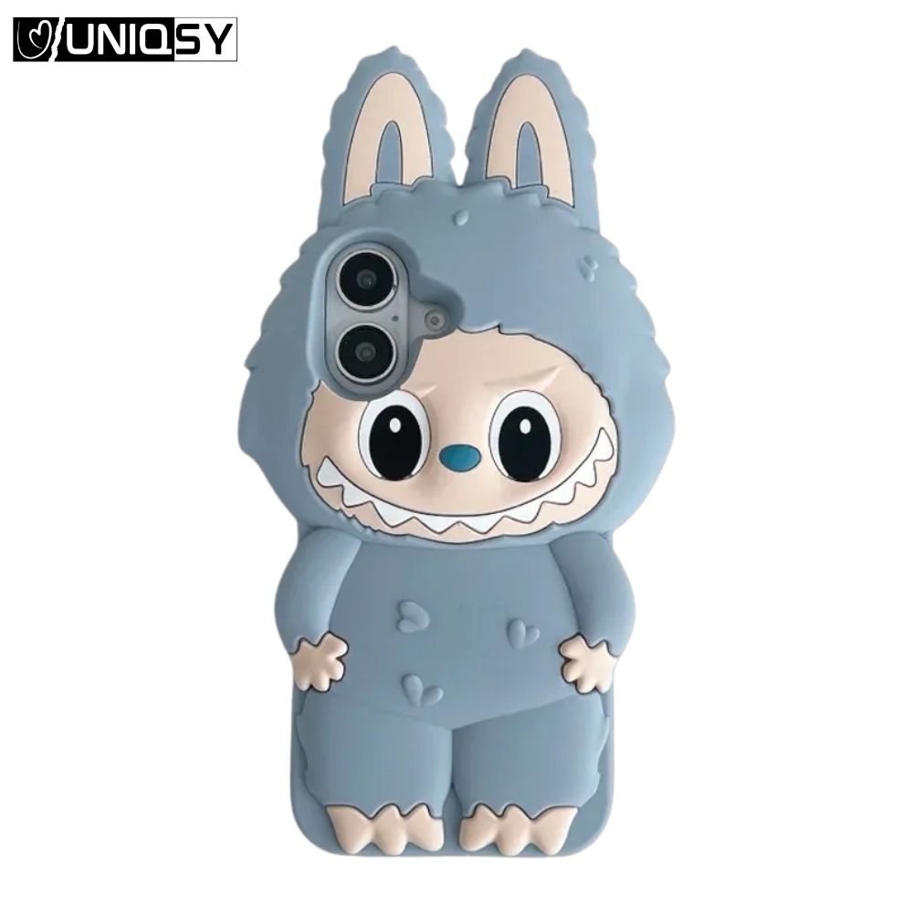 Labubu gray silicone iPhone case – soft shockproof 3D design
