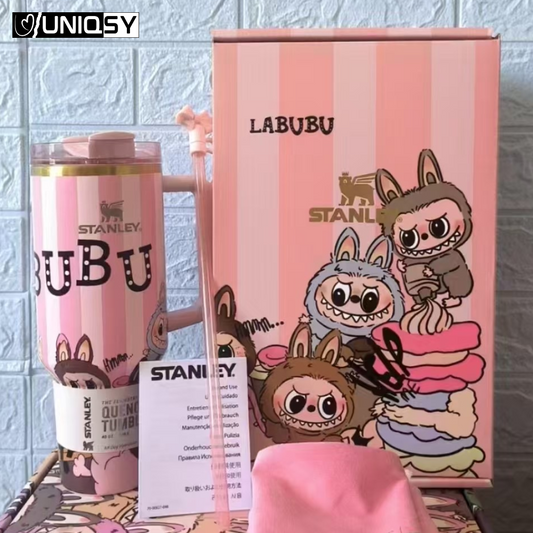 Stanley Labubu Pink 40 OZ Quencher Tumbler with playful pastel design and sturdy handle – limited edition only at Uniqsy