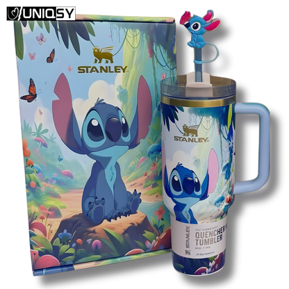 Stanley 40 oz Stitch Blue tumbler with handle and straw lid, insulated stainless steel travel cup in blue Stitch design