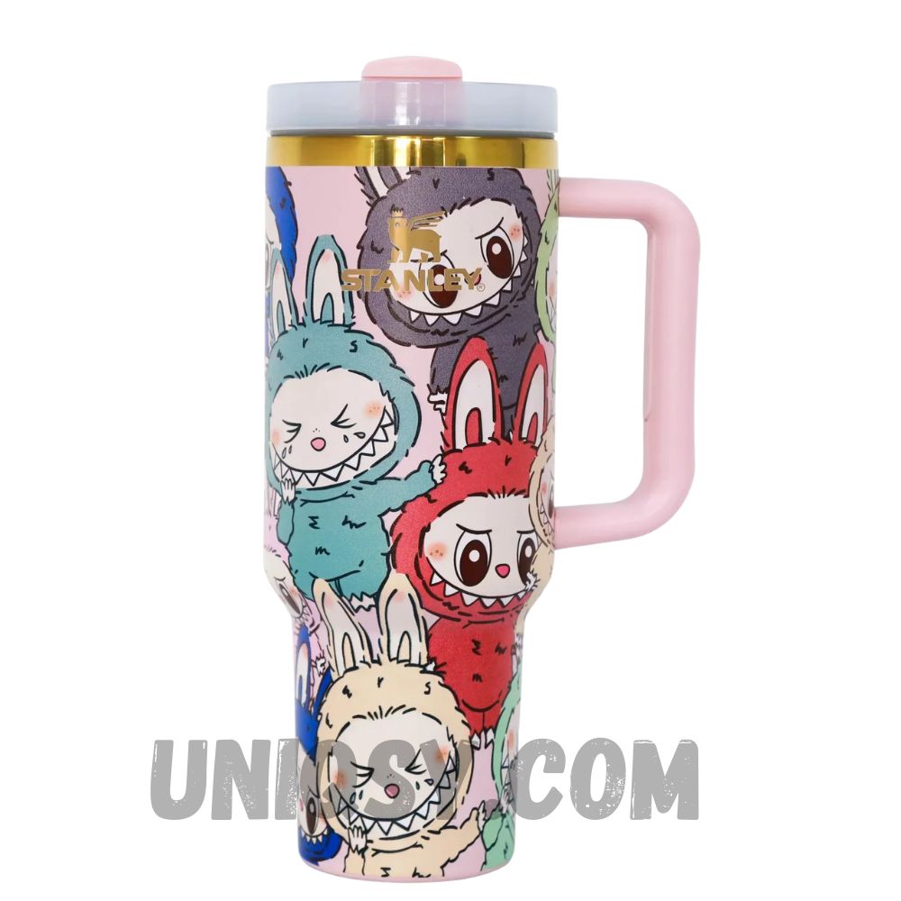 Close-up of Labubu design on Stanley 40 oz stainless steel tumbler