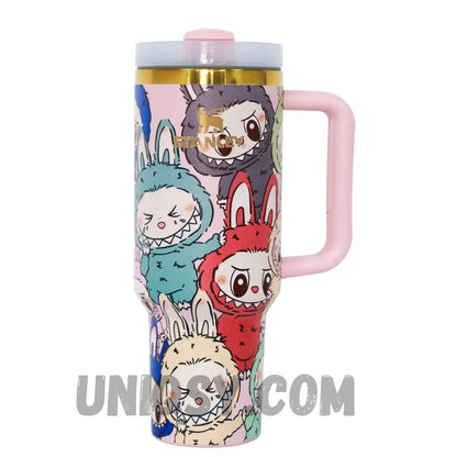 Close-up of Labubu design on Stanley 40 oz stainless steel tumbler