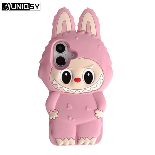 Labubu pink silicone iPhone case – 3D character, soft shockproof