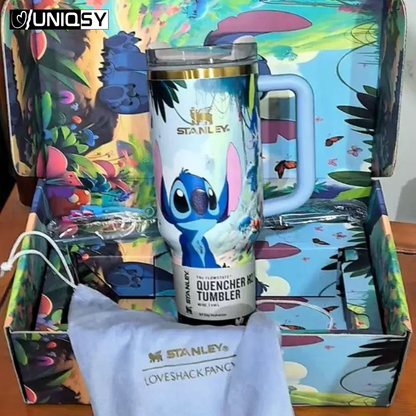 Blue Stitch design Stanley 40 oz tumbler with handle and straw lid, reusable insulated travel mug