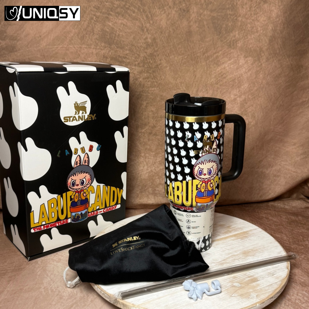 Stanley Labubu Black Tumbler showing splash-proof lid and reusable straw