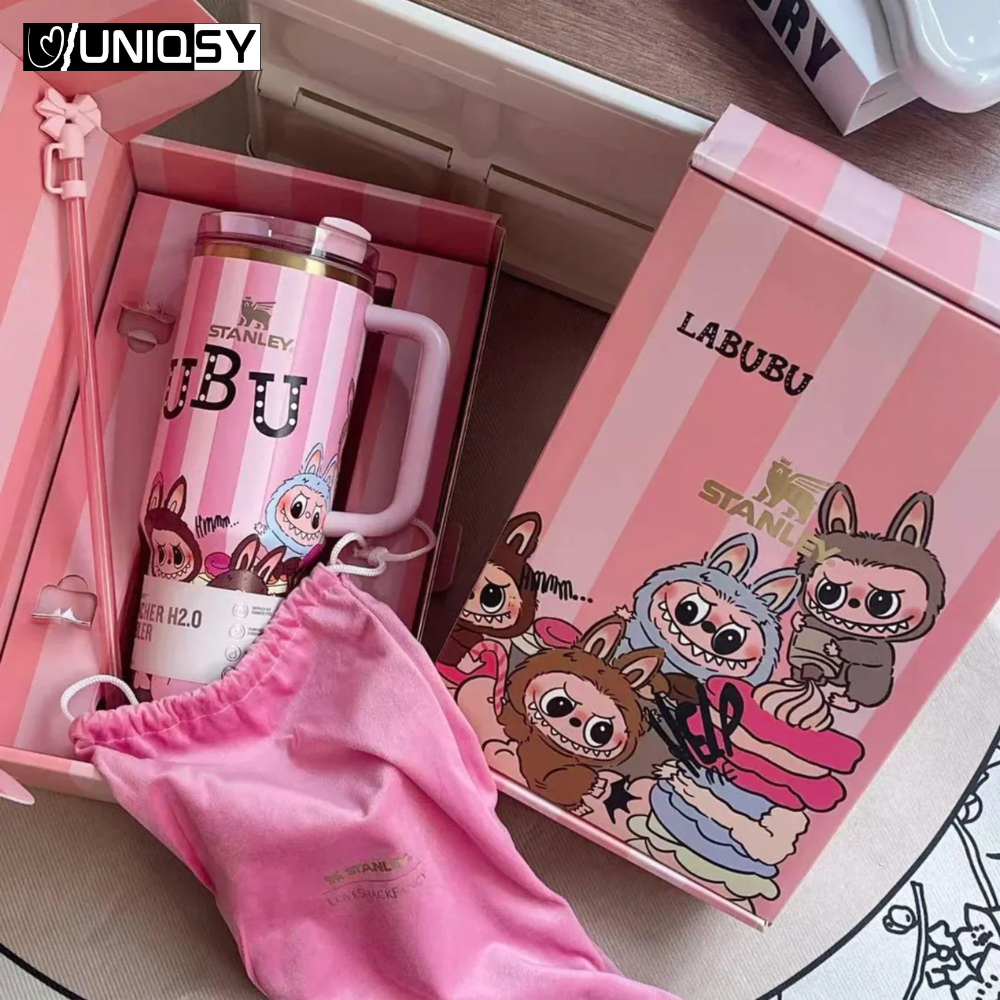 Close-up view of Stanley 40 OZ Labbubu Pink tumbler showing detailed character print.