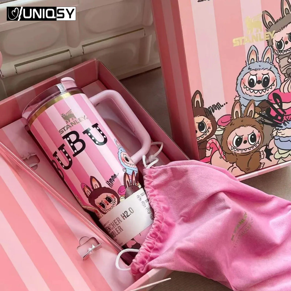 Insulated Stanley Labbubu Pink 40 OZ tumbler showcasing durable stainless-steel build.