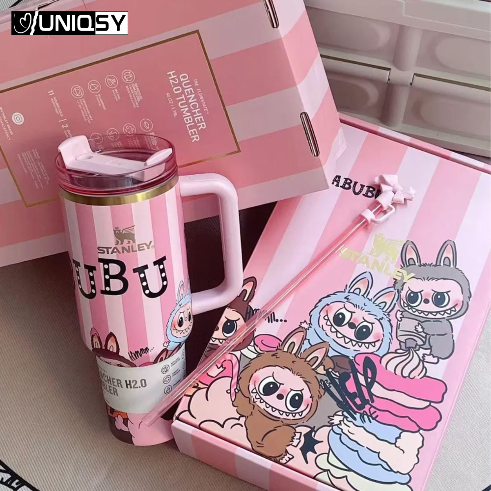 Pink 40 OZ Stanley Labbubu tumbler with handle and straw, designed for everyday hydration.