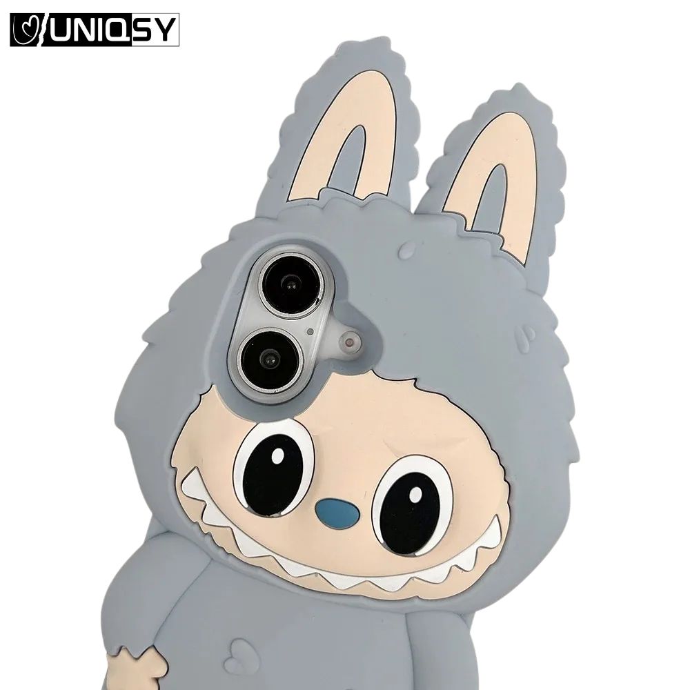 Trendy gray Labubu iPhone case – protective soft silicone