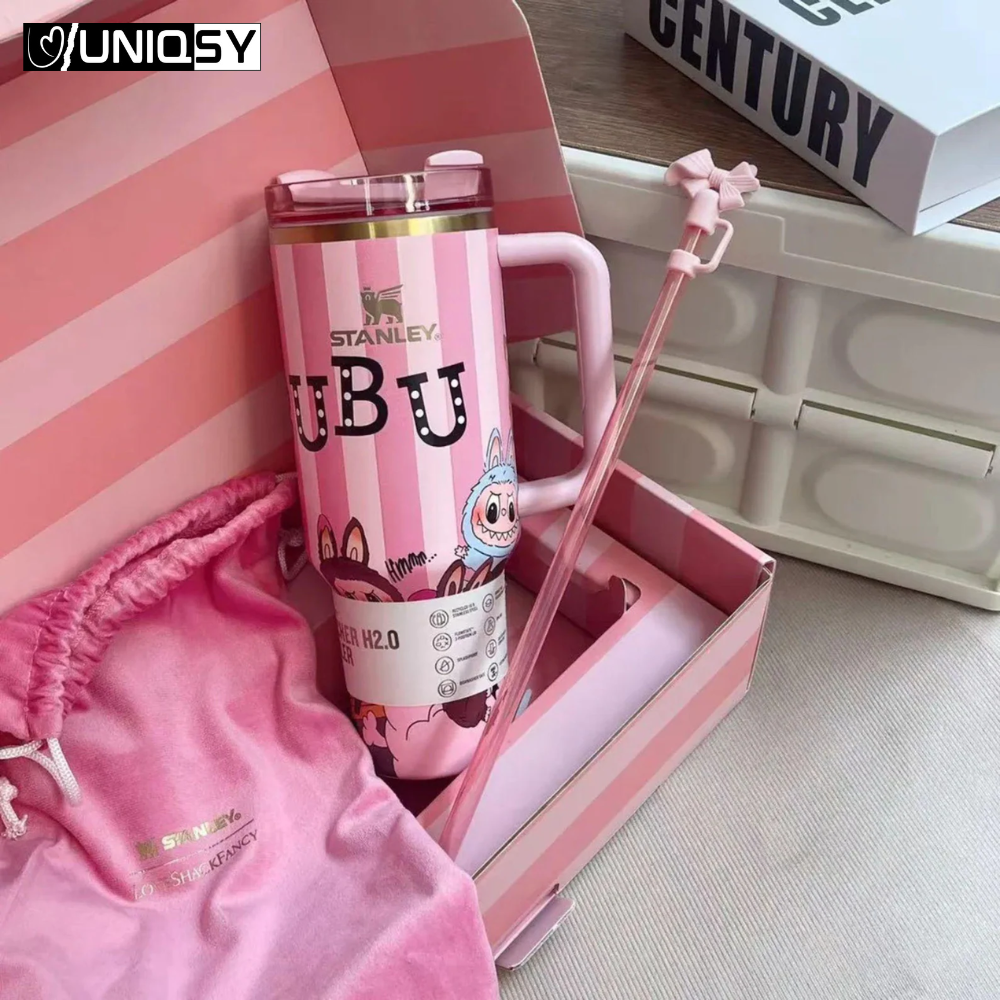 Stanley Labbubu Pink Tumbler 40 OZ featuring cute Labbubu artwork and a glossy pink finish.