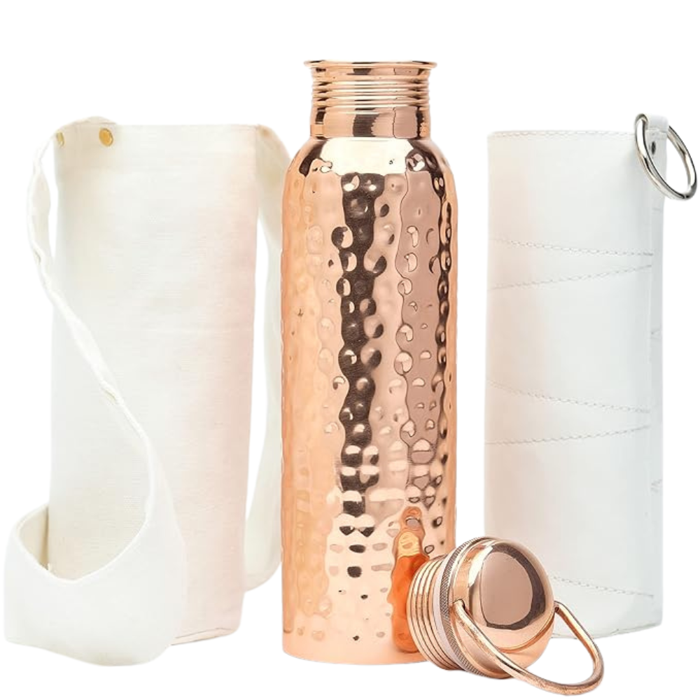 Pure copper water bottle with included carrying sleeve and protective bag – complete set displayed.