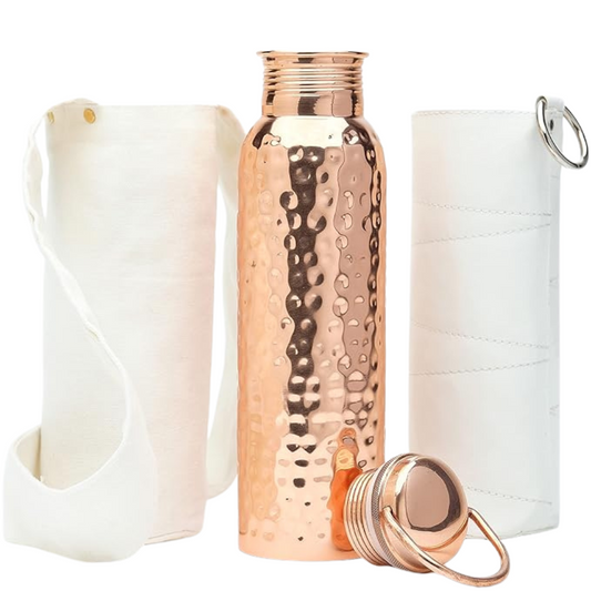 Pure copper water bottle with included carrying sleeve and protective bag – complete set displayed.