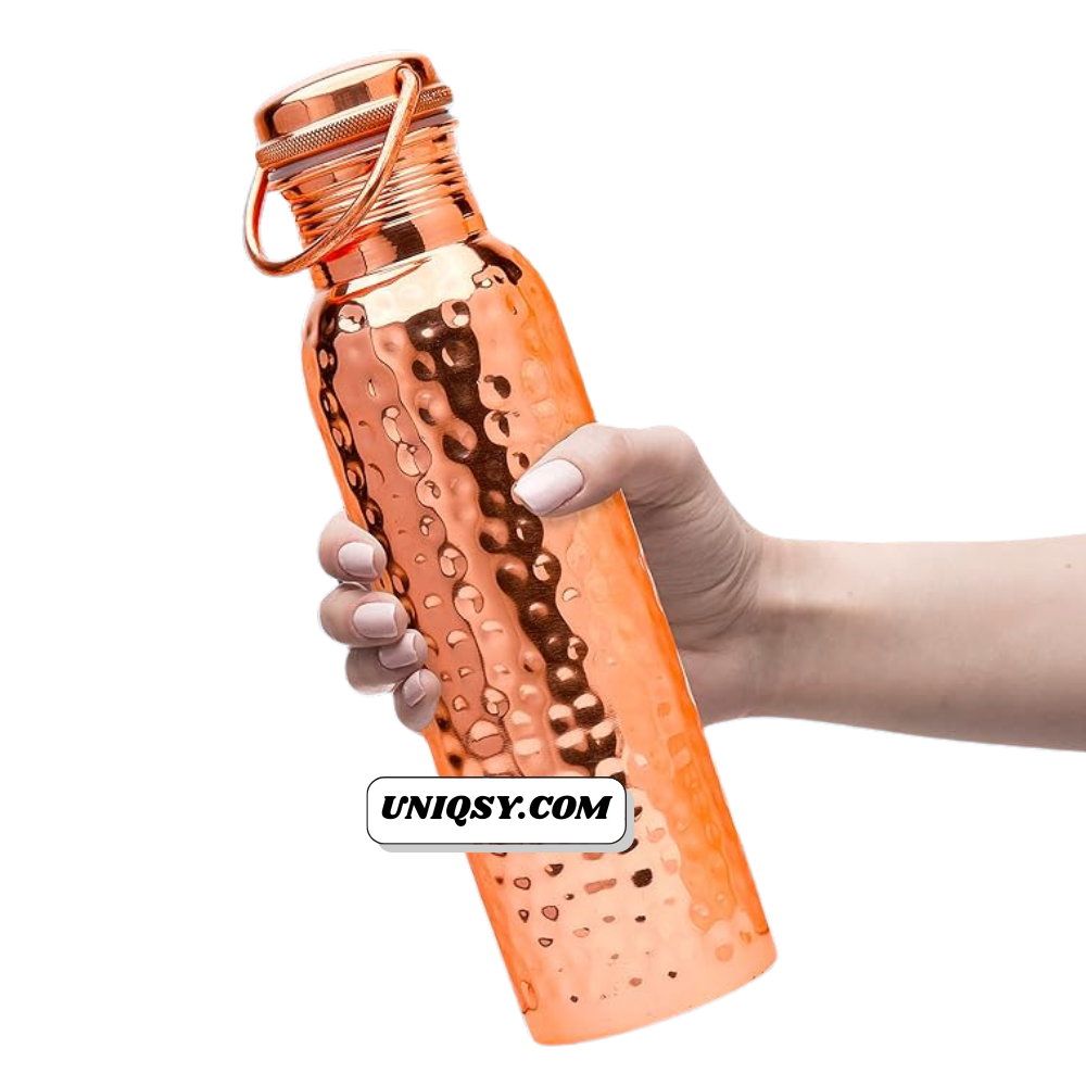 34oz hammered pure copper water bottle with leak-proof cap – front view showcasing elegant design.