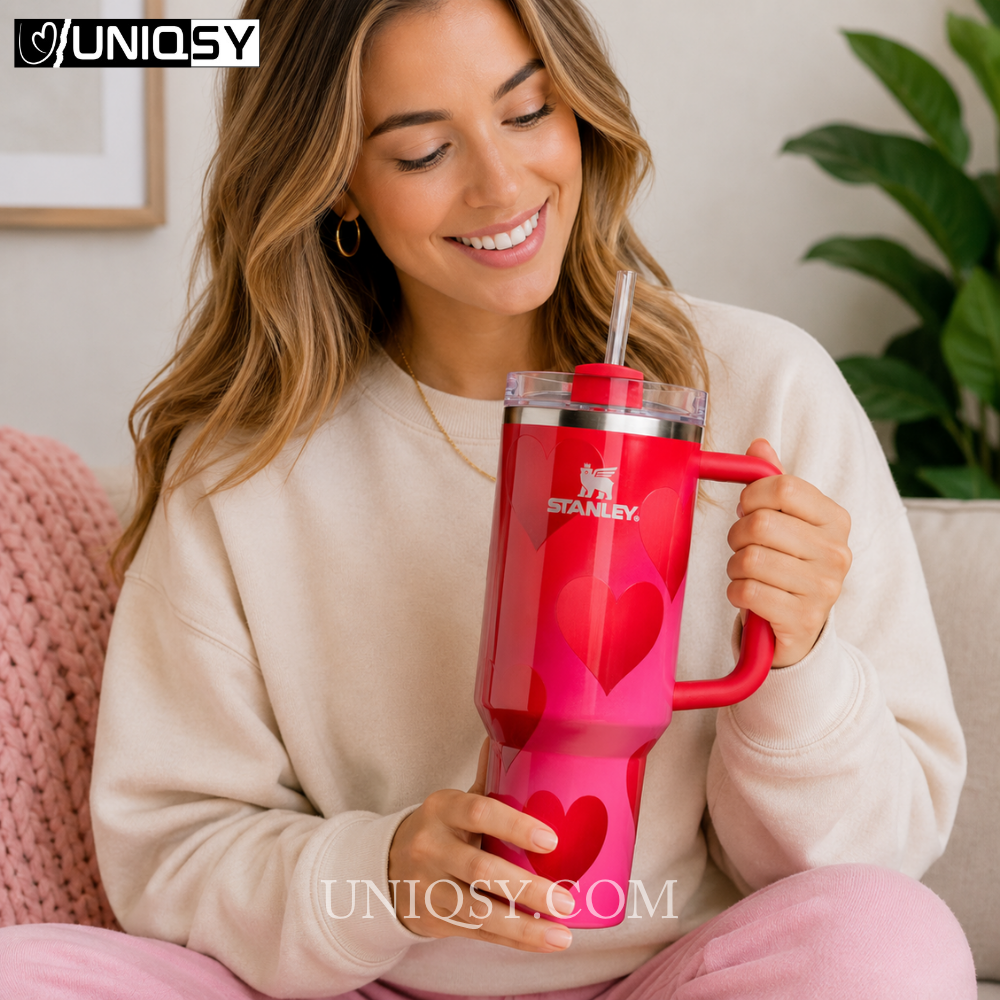 Woman holding Stanley Rouge Heart Gradient Quencher H2.0 FlowState 40 OZ tumbler featuring a red and pink heart gradient design.
