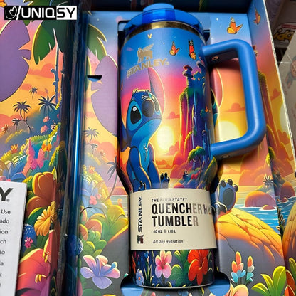 Stanley Stitch Sapphire Blue Tumbler lid and reusable straw detail showing splash-proof design and handle grip.
