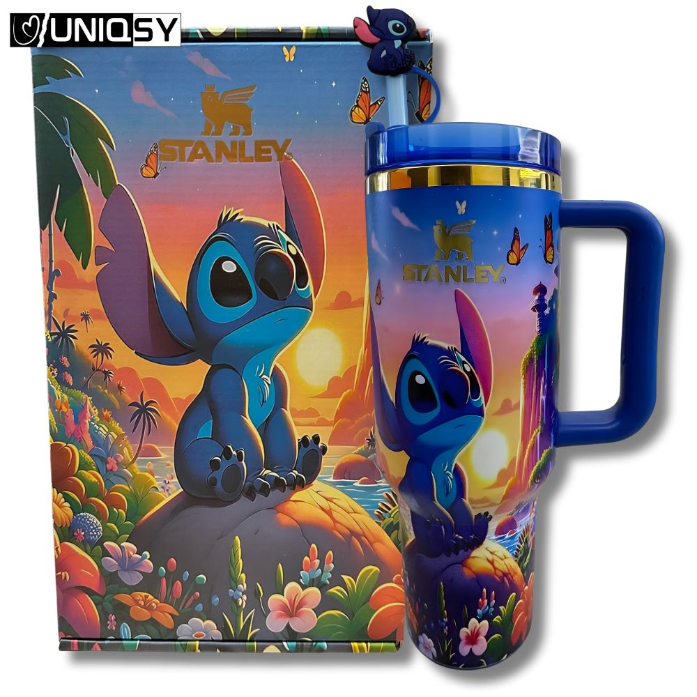 Close-up view of the Stanley Stitch Sapphire Blue Tumbler showing the Stitch artwork and Stanley gold logo.