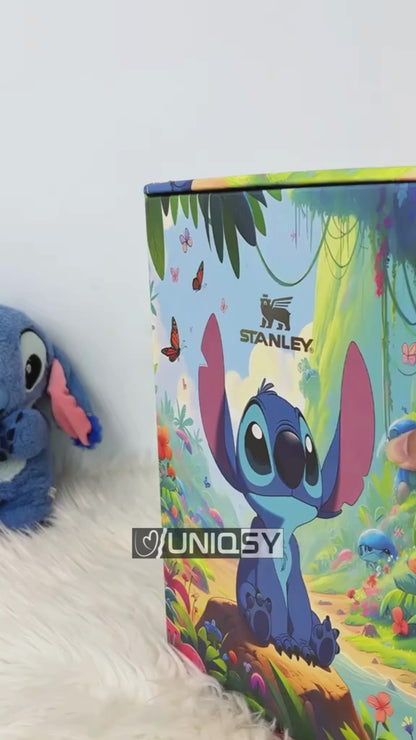 Stanley Stitch Blue 40 oz tumbler video showing insulated stainless steel cup with handle and straw lid, blue Stitch design travel drinkware