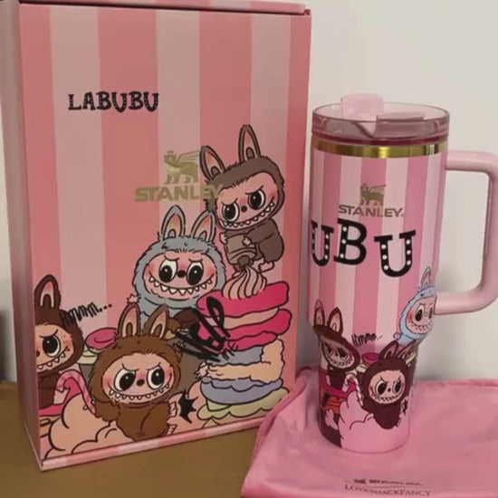 Stanley Labubu 40 OZ Pink Tumbler video showcasing splash-proof lid, reusable straw, and double-wall insulation – exclusive at Uniqsy