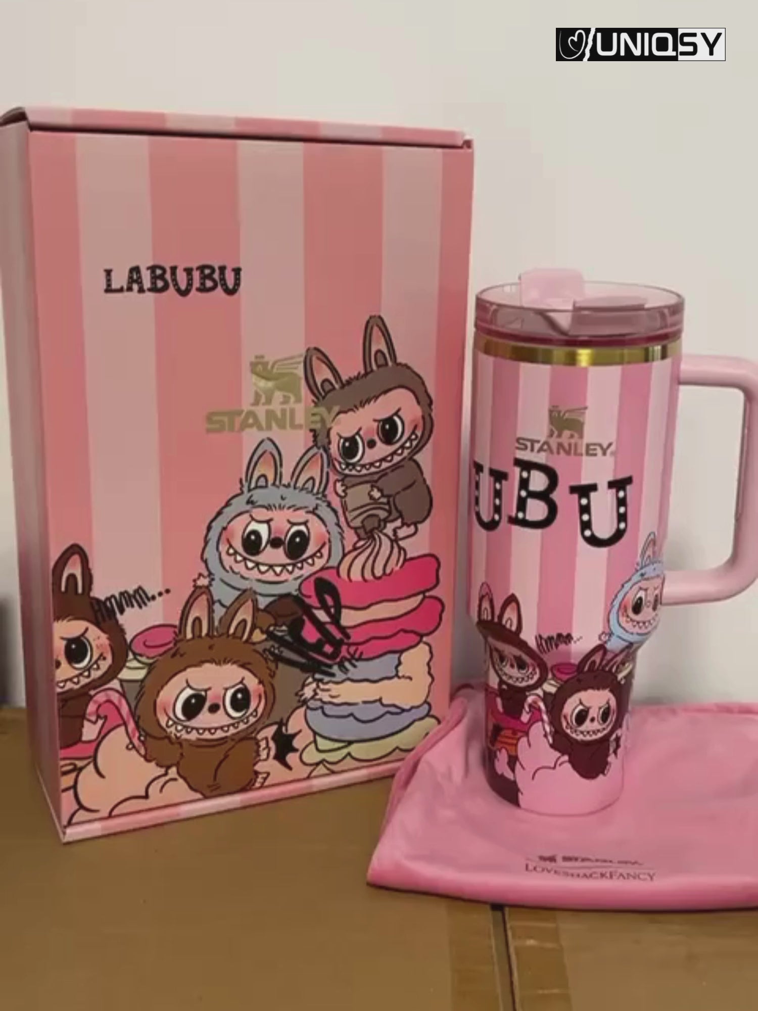 Stanley Labubu 40 OZ Pink Tumbler video showcasing splash-proof lid, reusable straw, and double-wall insulation – exclusive at Uniqsy